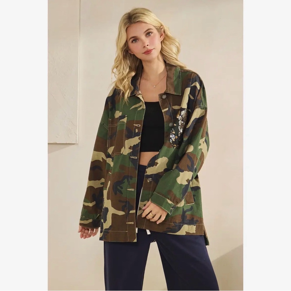Camo denim cotton sequin Jean floral flower mineral bohemian wash coat jacket - Picture 5 of 9